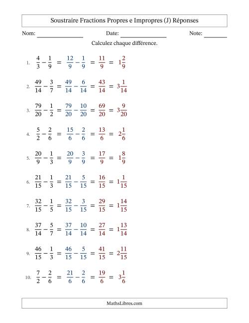 Soustraire fractions propres e impropres avec des dénominateurs similaires, résultats en fractions mixtes, et sans simplification (J) page 2
