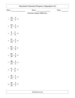 Soustraire fractions propres e impropres avec des dénominateurs similaires, résultats en fractions mixtes, et avec simplification dans tous les problèmes