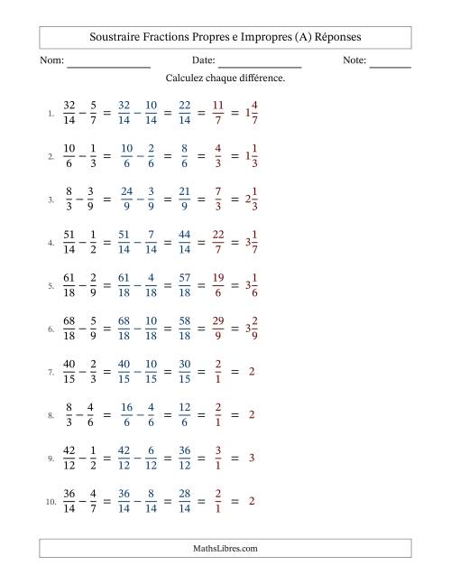 Soustraire fractions propres e impropres avec des dénominateurs similaires, résultats en fractions mixtes, et avec simplification dans tous les problèmes (A) page 2