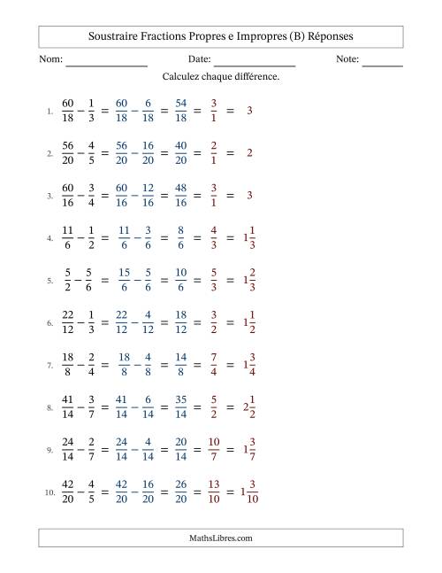 Soustraire fractions propres e impropres avec des dénominateurs similaires, résultats en fractions mixtes, et avec simplification dans tous les problèmes (B) page 2