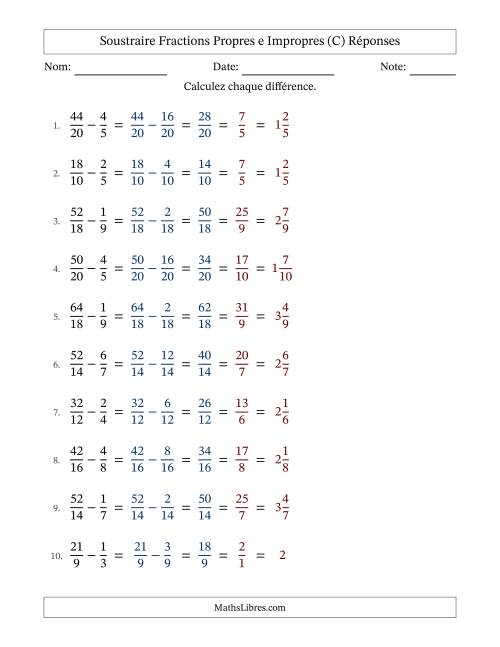 Soustraire fractions propres e impropres avec des dénominateurs similaires, résultats en fractions mixtes, et avec simplification dans tous les problèmes (C) page 2