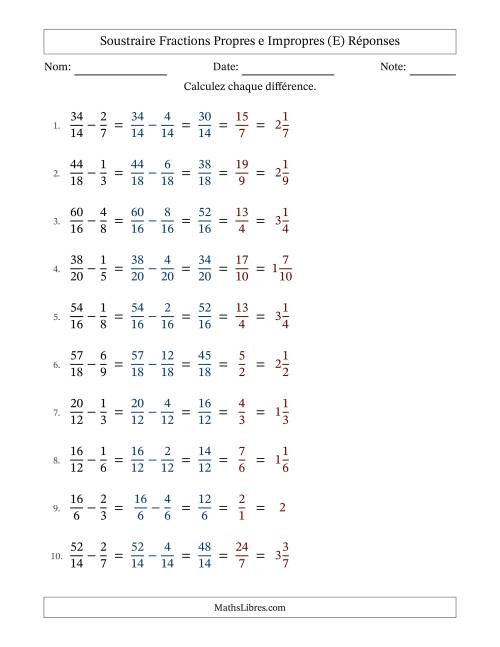 Soustraire fractions propres e impropres avec des dénominateurs similaires, résultats en fractions mixtes, et avec simplification dans tous les problèmes (E) page 2