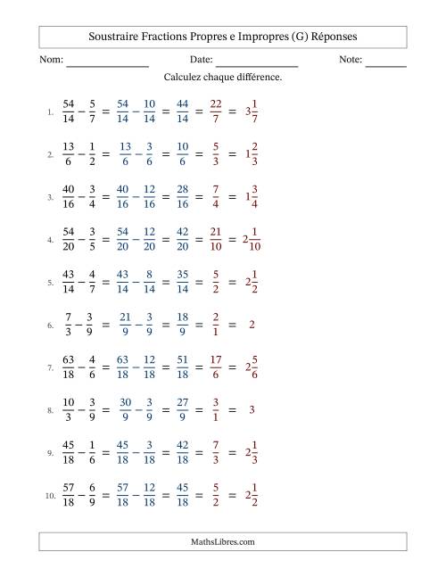 Soustraire fractions propres e impropres avec des dénominateurs similaires, résultats en fractions mixtes, et avec simplification dans tous les problèmes (G) page 2