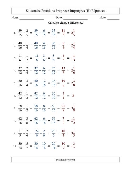 Soustraire fractions propres e impropres avec des dénominateurs similaires, résultats en fractions mixtes, et avec simplification dans tous les problèmes (H) page 2