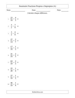 Soustraire fractions propres e impropres avec des dénominateurs similaires, résultats en fractions mixtes, et avec simplification dans quelques problèmes