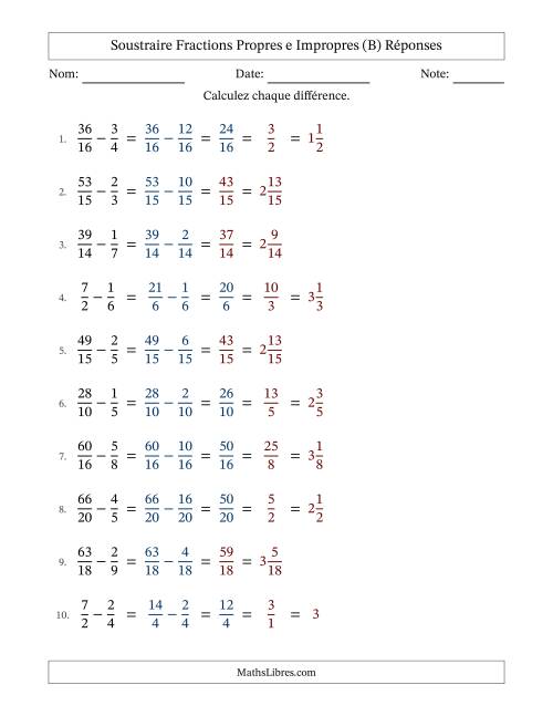 Soustraire fractions propres e impropres avec des dénominateurs similaires, résultats en fractions mixtes, et avec simplification dans quelques problèmes (B) page 2