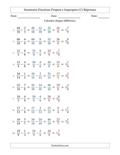 Soustraire fractions propres e impropres avec des dénominateurs similaires, résultats en fractions mixtes, et avec simplification dans quelques problèmes (C) page 2