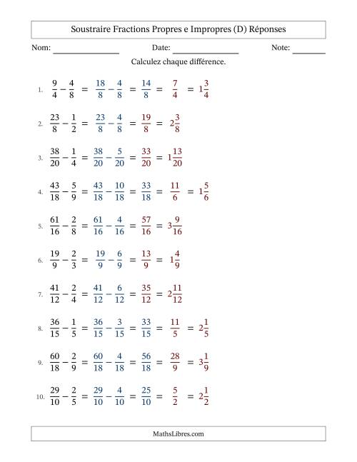 Soustraire fractions propres e impropres avec des dénominateurs similaires, résultats en fractions mixtes, et avec simplification dans quelques problèmes (D) page 2