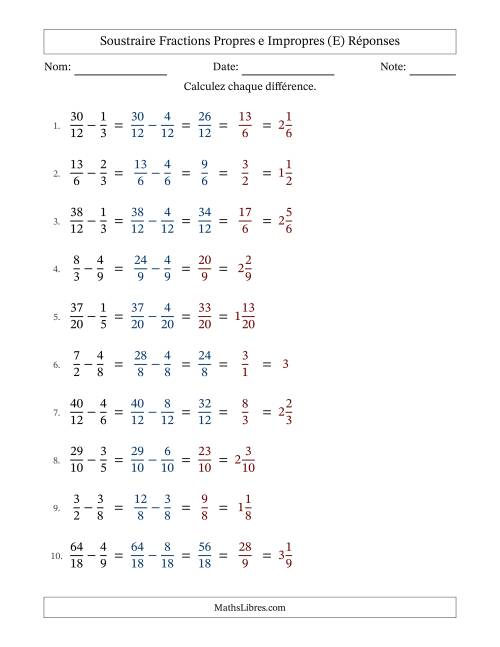 Soustraire fractions propres e impropres avec des dénominateurs similaires, résultats en fractions mixtes, et avec simplification dans quelques problèmes (E) page 2