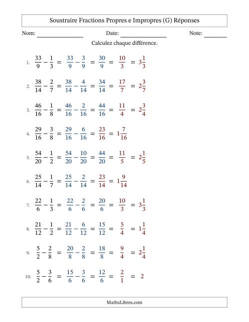 Soustraire fractions propres e impropres avec des dénominateurs similaires, résultats en fractions mixtes, et avec simplification dans quelques problèmes (G) page 2