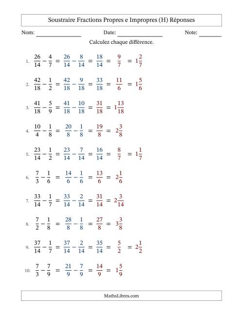 Soustraire fractions propres e impropres avec des dénominateurs similaires, résultats en fractions mixtes, et avec simplification dans quelques problèmes (H) page 2