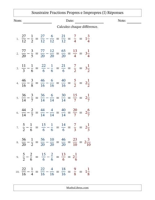 Soustraire fractions propres e impropres avec des dénominateurs similaires, résultats en fractions mixtes, et avec simplification dans quelques problèmes (I) page 2