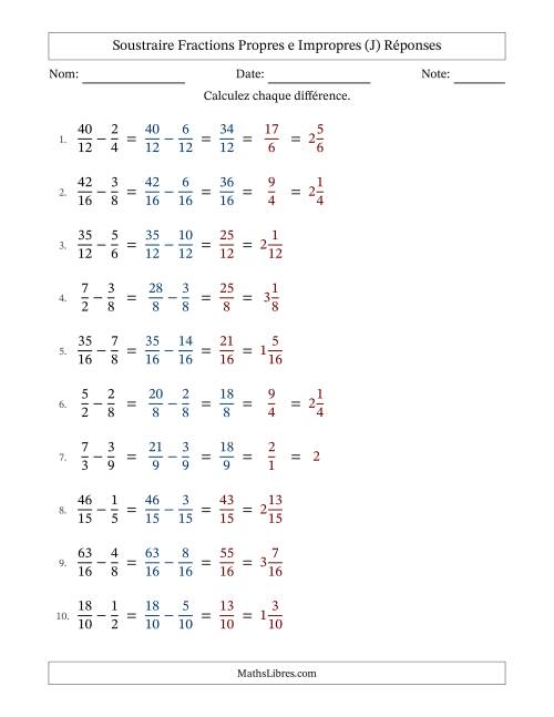 Soustraire fractions propres e impropres avec des dénominateurs similaires, résultats en fractions mixtes, et avec simplification dans quelques problèmes (J) page 2