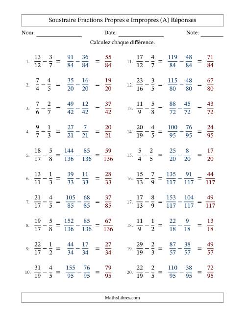 Soustraire fractions propres e impropres avec des dénominateurs différents, résultats en fractions propres, et sans simplification (A) page 2