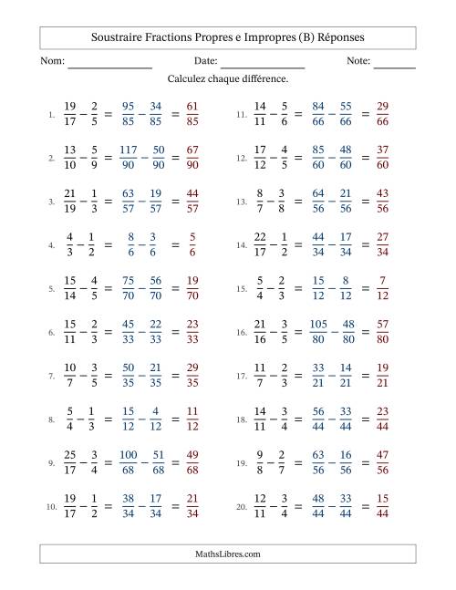 Soustraire fractions propres e impropres avec des dénominateurs différents, résultats en fractions propres, et sans simplification (B) page 2