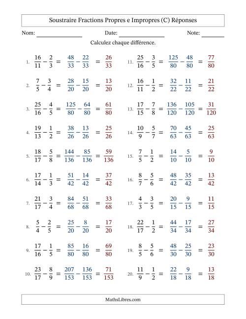 Soustraire fractions propres e impropres avec des dénominateurs différents, résultats en fractions propres, et sans simplification (C) page 2