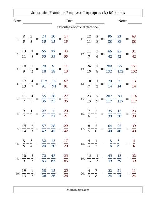 Soustraire fractions propres e impropres avec des dénominateurs différents, résultats en fractions propres, et sans simplification (D) page 2