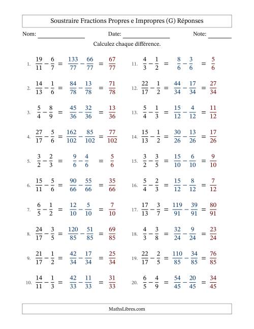 Soustraire fractions propres e impropres avec des dénominateurs différents, résultats en fractions propres, et sans simplification (G) page 2