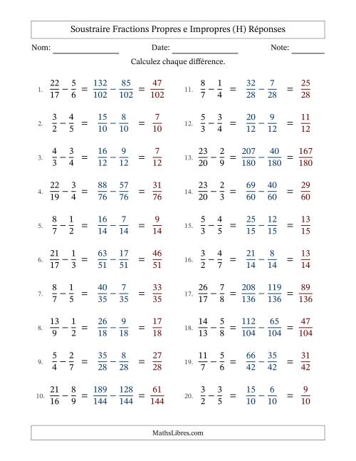 Soustraire fractions propres e impropres avec des dénominateurs différents, résultats en fractions propres, et sans simplification (H) page 2