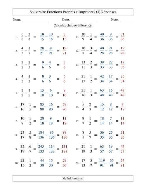 Soustraire fractions propres e impropres avec des dénominateurs différents, résultats en fractions propres, et sans simplification (J) page 2