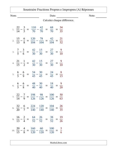 Soustraire fractions propres e impropres avec des dénominateurs différents, résultats en fractions propres, et avec simplification dans tous les problèmes (A) page 2