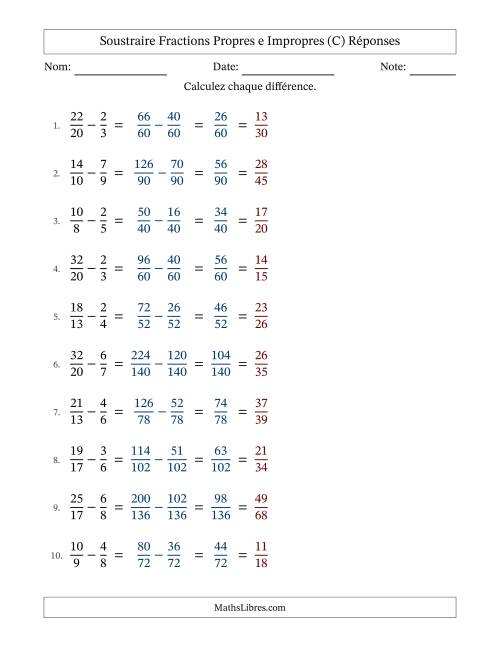 Soustraire fractions propres e impropres avec des dénominateurs différents, résultats en fractions propres, et avec simplification dans tous les problèmes (C) page 2