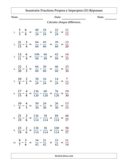 Soustraire fractions propres e impropres avec des dénominateurs différents, résultats en fractions propres, et avec simplification dans tous les problèmes (D) page 2