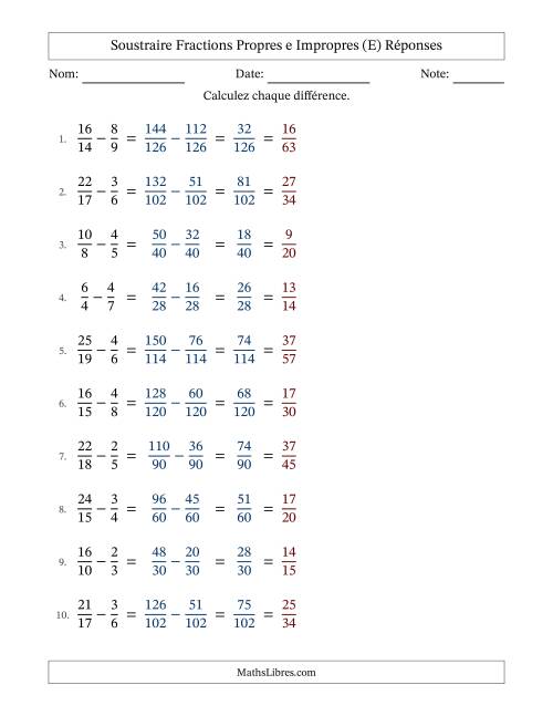 Soustraire fractions propres e impropres avec des dénominateurs différents, résultats en fractions propres, et avec simplification dans tous les problèmes (E) page 2