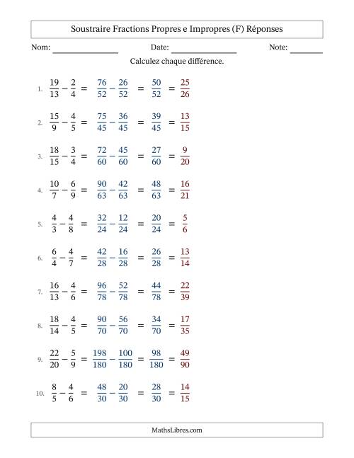 Soustraire fractions propres e impropres avec des dénominateurs différents, résultats en fractions propres, et avec simplification dans tous les problèmes (F) page 2
