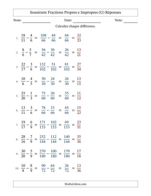 Soustraire fractions propres e impropres avec des dénominateurs différents, résultats en fractions propres, et avec simplification dans tous les problèmes (G) page 2