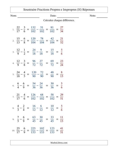 Soustraire fractions propres e impropres avec des dénominateurs différents, résultats en fractions propres, et avec simplification dans tous les problèmes (H) page 2