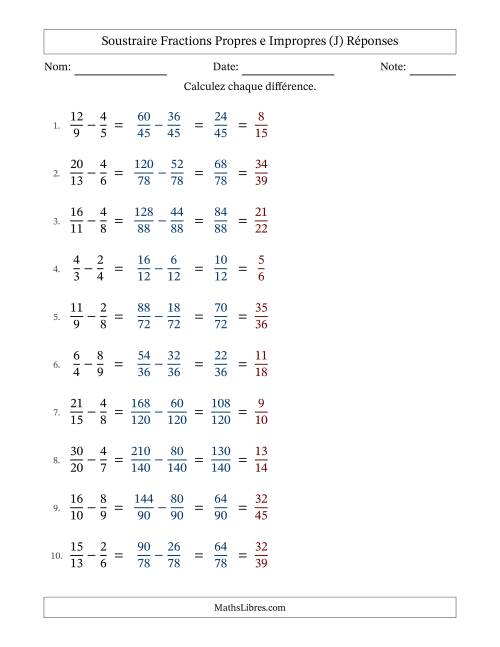 Soustraire fractions propres e impropres avec des dénominateurs différents, résultats en fractions propres, et avec simplification dans tous les problèmes (J) page 2