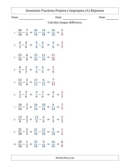 Soustraire fractions propres e impropres avec des dénominateurs similaires, résultats en fractions propres, et avec simplification dans quelques problèmes (A) page 2