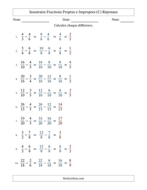 Soustraire fractions propres e impropres avec des dénominateurs similaires, résultats en fractions propres, et avec simplification dans quelques problèmes (C) page 2