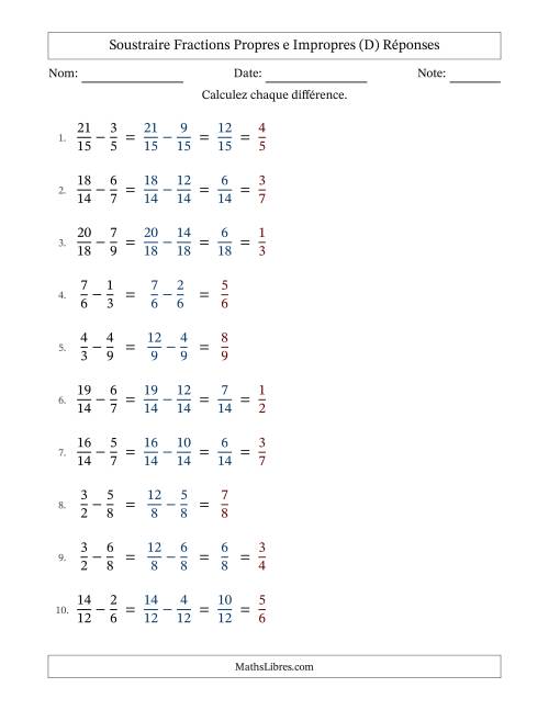 Soustraire fractions propres e impropres avec des dénominateurs similaires, résultats en fractions propres, et avec simplification dans quelques problèmes (D) page 2