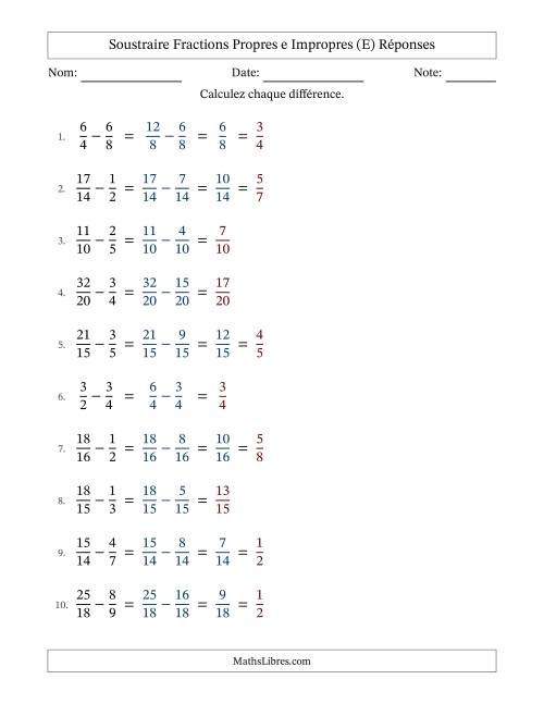 Soustraire fractions propres e impropres avec des dénominateurs similaires, résultats en fractions propres, et avec simplification dans quelques problèmes (E) page 2