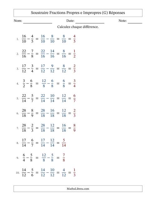 Soustraire fractions propres e impropres avec des dénominateurs similaires, résultats en fractions propres, et avec simplification dans quelques problèmes (G) page 2
