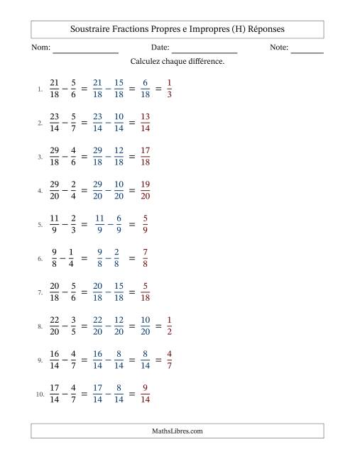 Soustraire fractions propres e impropres avec des dénominateurs similaires, résultats en fractions propres, et avec simplification dans quelques problèmes (H) page 2