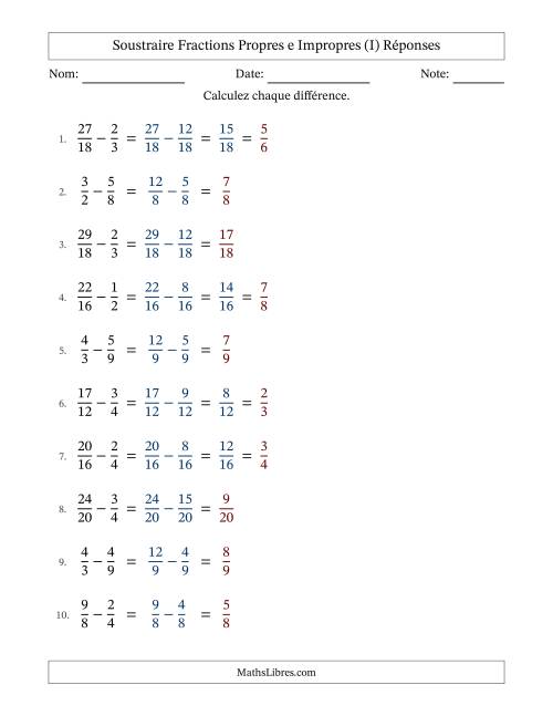 Soustraire fractions propres e impropres avec des dénominateurs similaires, résultats en fractions propres, et avec simplification dans quelques problèmes (I) page 2