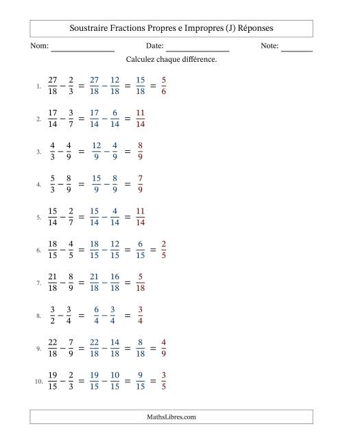 Soustraire fractions propres e impropres avec des dénominateurs similaires, résultats en fractions propres, et avec simplification dans quelques problèmes (J) page 2