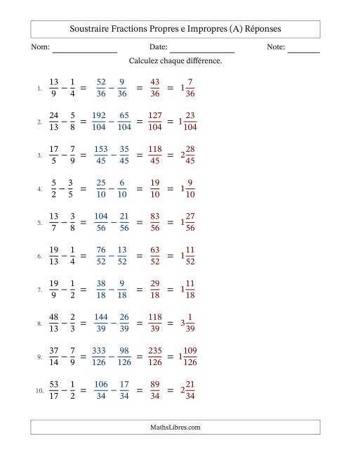 Soustraire fractions propres e impropres avec des dénominateurs différents, résultats en fractions mixtes, et sans simplification (A) page 2