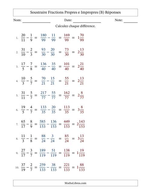 Soustraire fractions propres e impropres avec des dénominateurs différents, résultats en fractions mixtes, et sans simplification (B) page 2