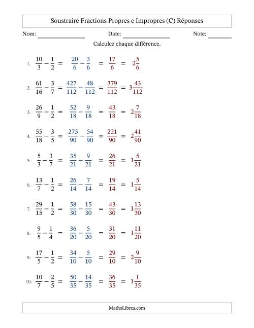 Soustraire fractions propres e impropres avec des dénominateurs différents, résultats en fractions mixtes, et sans simplification (C) page 2