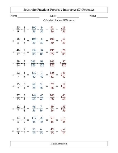 Soustraire fractions propres e impropres avec des dénominateurs différents, résultats en fractions mixtes, et sans simplification (D) page 2