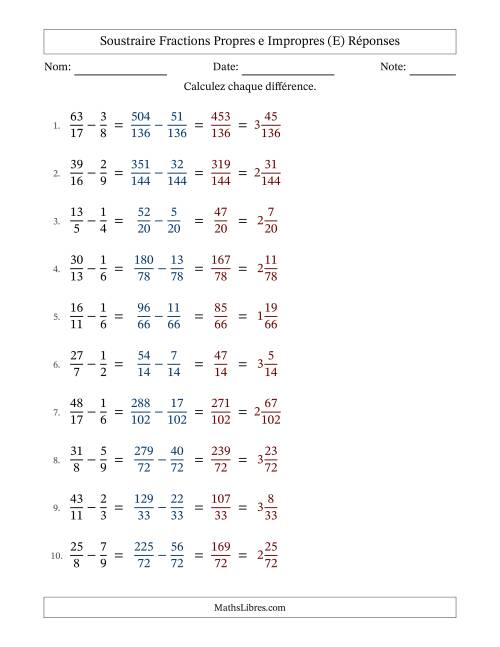 Soustraire fractions propres e impropres avec des dénominateurs différents, résultats en fractions mixtes, et sans simplification (E) page 2