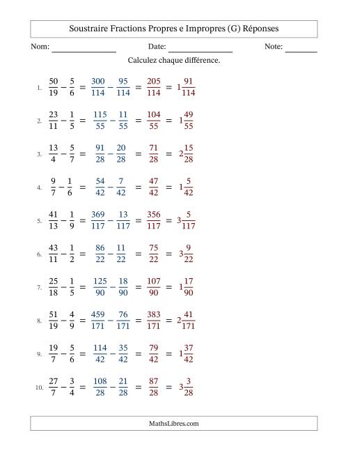 Soustraire fractions propres e impropres avec des dénominateurs différents, résultats en fractions mixtes, et sans simplification (G) page 2