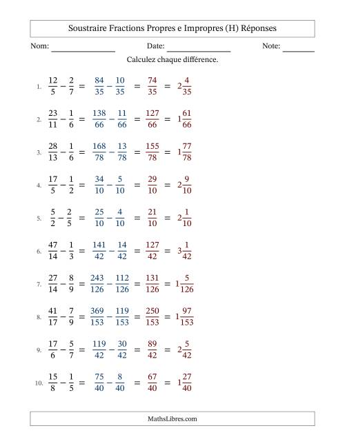 Soustraire fractions propres e impropres avec des dénominateurs différents, résultats en fractions mixtes, et sans simplification (H) page 2