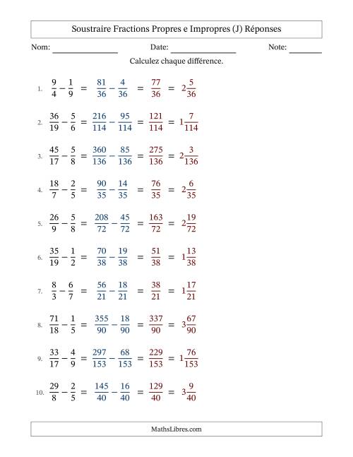 Soustraire fractions propres e impropres avec des dénominateurs différents, résultats en fractions mixtes, et sans simplification (J) page 2