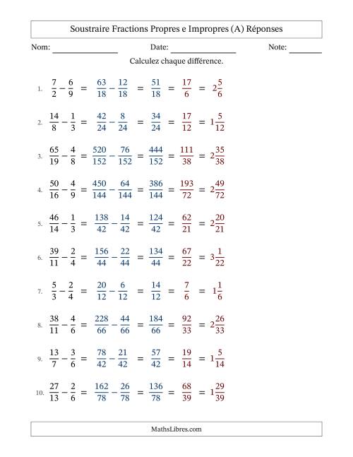 Soustraire fractions propres e impropres avec des dénominateurs différents, résultats en fractions mixtes, et avec simplification dans tous les problèmes (A) page 2