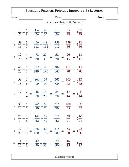 Soustraire fractions propres e impropres avec des dénominateurs différents, résultats en fractions mixtes, et avec simplification dans tous les problèmes (B) page 2